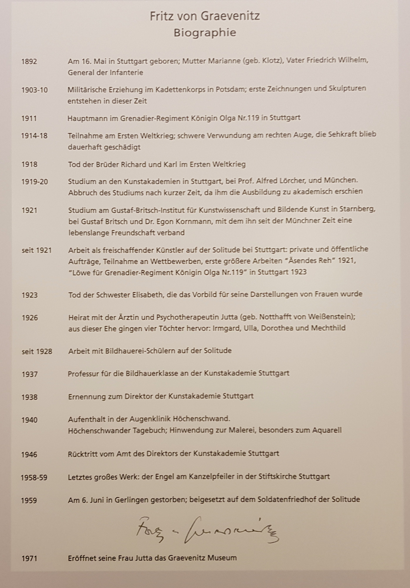 Biography of Fritz von Graevenitz as displayed at the Graevenitz Museum, Stuttgart.  Photo: Angela Anderson (2020)